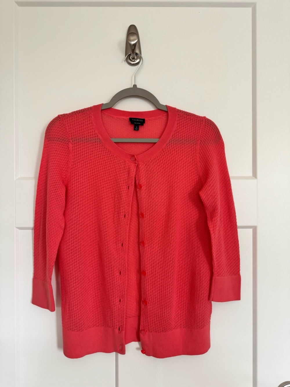 Talbots Coral Pink Pointelle Open-Knit Button Cardigan Sweater Pima Cotton Sz M